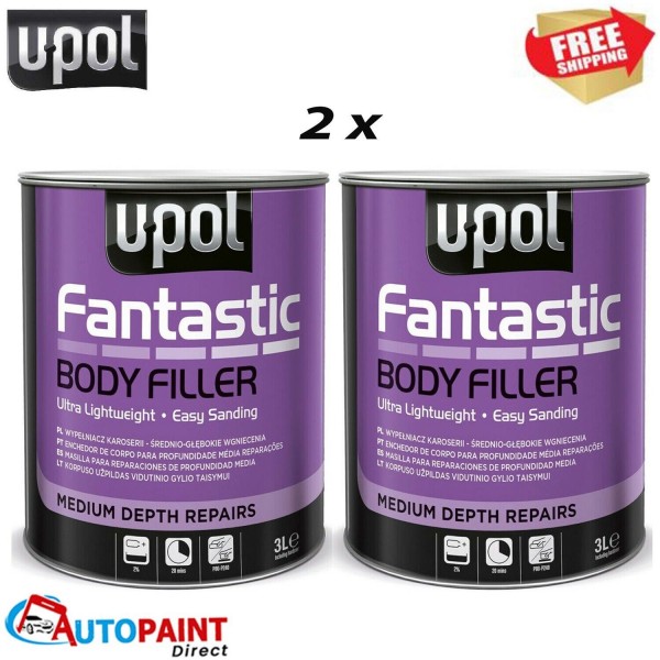 2 X U-POL FANTASTIC POLYESTER CAR BODY FILLER 3LTR FANT/3 WITH BPO HARDENER